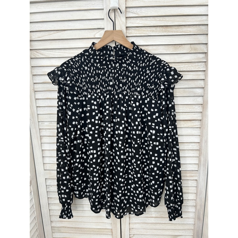 Torrid Smocked Ruffle Mock Neck 2 Black White Blouse Womens Chiffon Polka Dot